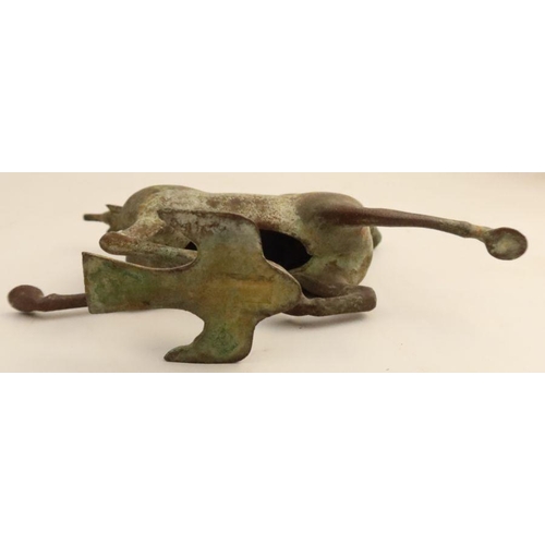 502 - A Chinese cast metal Tang dynasty style horse, in striding position on wooden base, height 6.5ins