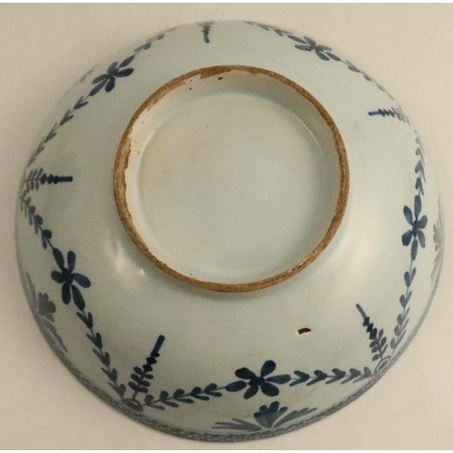 507 - Two blue and white Delft bowls, decorated with landscapes and foliage