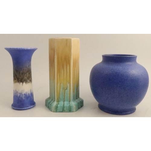 527 - A Ruskin pottery hexagonal vase, height 9.25ins, together with two other Ruskin pottery vases