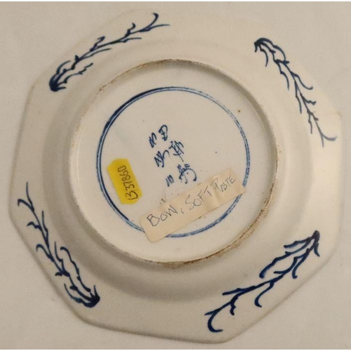 535 - A 19th century Bow porcelain octagonal dish, decorated with Oriental scenes, character marks to base... 