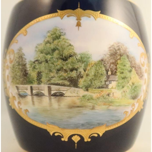 560 - A Royal Crown Derby covered ginger jar, decorated with two oval reserves of a landscape and a pink f... 