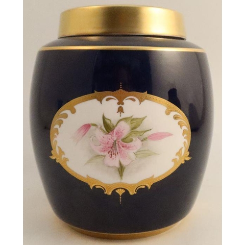 560 - A Royal Crown Derby covered ginger jar, decorated with two oval reserves of a landscape and a pink f... 