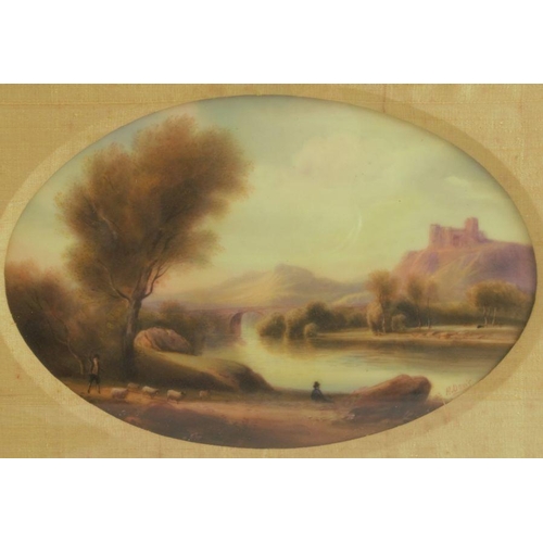 565 - A Royal Worcester oval plaque, decorated with a figure to the foreground, with water, buildings and ... 