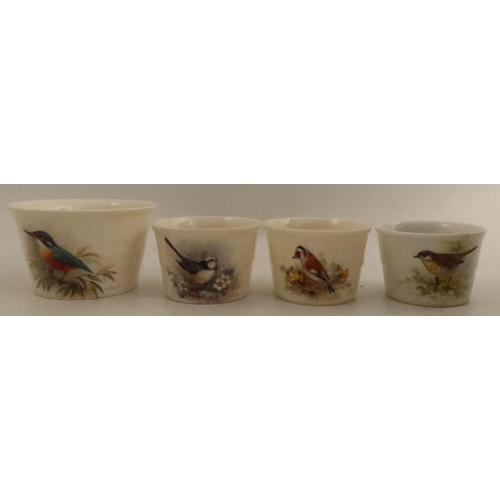 567 - Four Royal Worcester barrel moulded sugar bowls, decorated with a Kingfisher, diameter 4ins, a Thrus... 