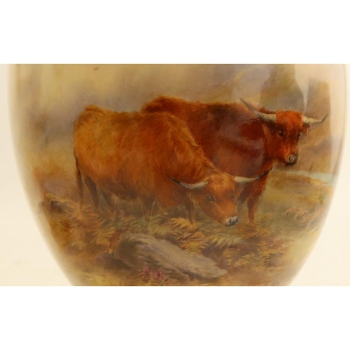 584 - A Royal Worcester covered pot pourri, decorated to the front with Highland cattle in landscape by J ... 