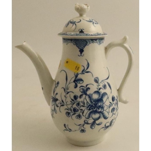 602 - A Worcester coffee pot, painted in underglaze blue with the Mansfield pattern, with flower finial, h... 