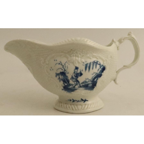 610 - A Worcester sauce boat, painted in underglaze blue with landscapes and a fisherman, width 8ins -  ma... 