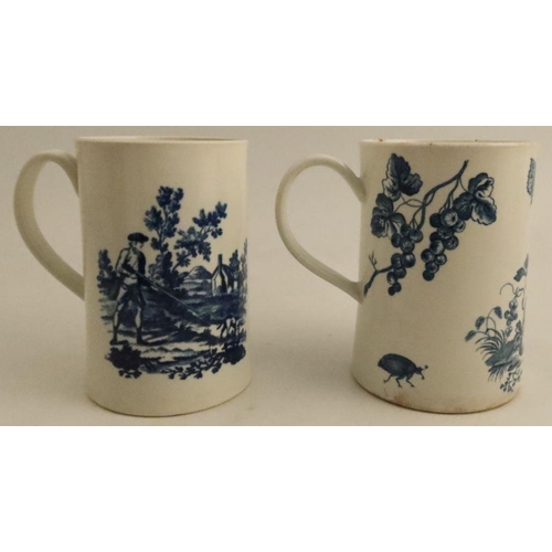 611 - Two Worcester cylindrical tankards, decorated with a parrot and fruit and printed with underglaze bl... 