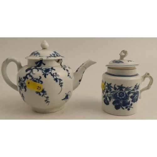 613 - A Worcester teapot, painted in underglaze blue with the prunus root pattern, height 4.5ins (af) toge... 