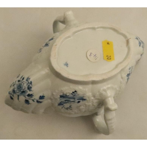 614 - A Worcester two handled moulded sauce boat, painted in underglaze blue with Chinese scenes and lands... 