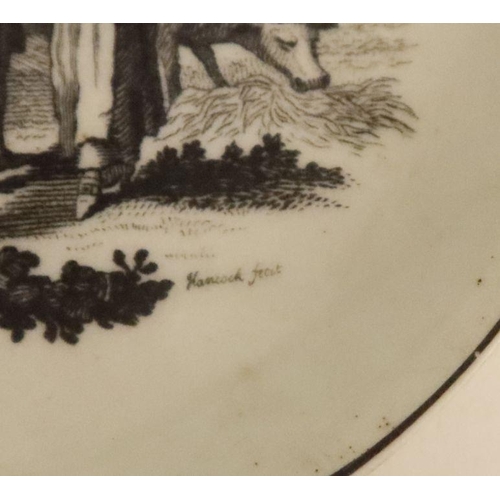 618 - A Worcester tea bowl and saucer, printed in black with The Milkmaids by Hancock, the saucer signed 