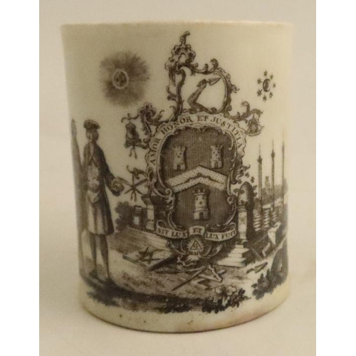 619 - A Worcester mug, decorated in black print with various Masonic symbols and cyphers, height 3ins - he... 