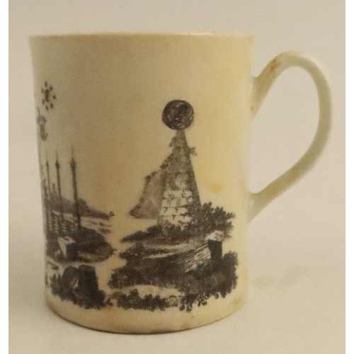 619 - A Worcester mug, decorated in black print with various Masonic symbols and cyphers, height 3ins - he... 