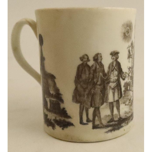 619 - A Worcester mug, decorated in black print with various Masonic symbols and cyphers, height 3ins - he... 