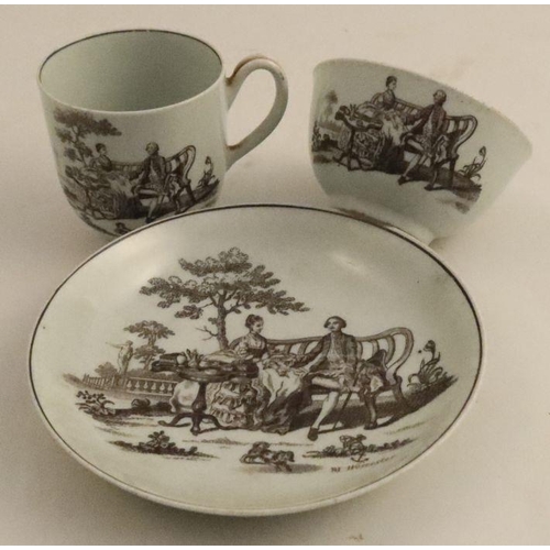 620 - A Worcester tea bowl, coffee cup and saucer, printed in black by Hancock with The Tea Party, the sau... 