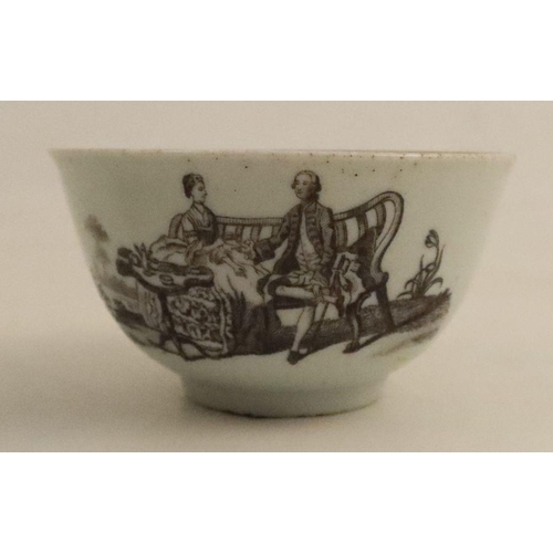 620 - A Worcester tea bowl, coffee cup and saucer, printed in black by Hancock with The Tea Party, the sau... 