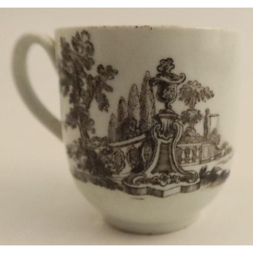 620 - A Worcester tea bowl, coffee cup and saucer, printed in black by Hancock with The Tea Party, the sau... 