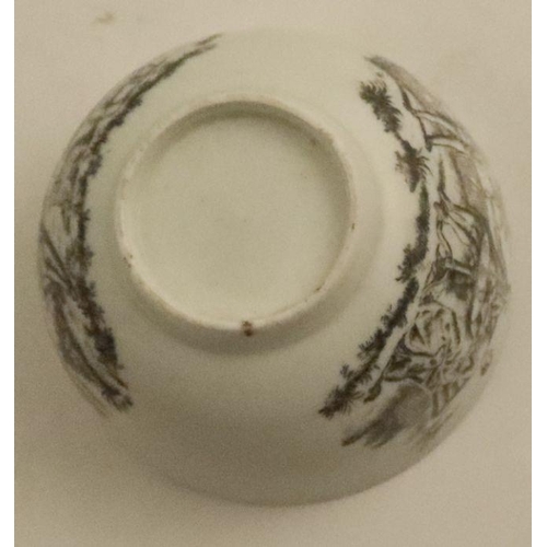 621 - A Worcester tea bowl and saucer, decorated with a black transfer print of the Tea Party