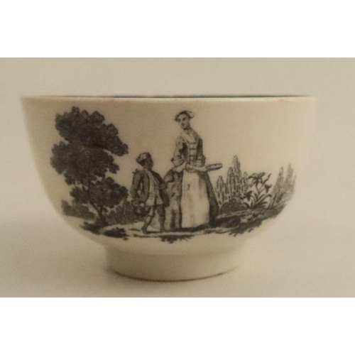 622 - A Worcester tea bowl and saucer, decorated with Hancock print The Tea Party, Maid and Page