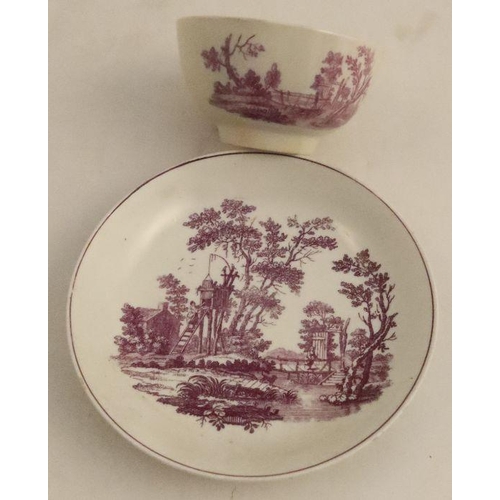 623 - A Worcester tea bowl and saucer, printed in lilac with Hancock's The Bird Coop  major restoration to... 