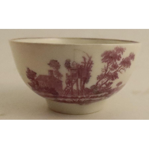 623 - A Worcester tea bowl and saucer, printed in lilac with Hancock's The Bird Coop  major restoration to... 