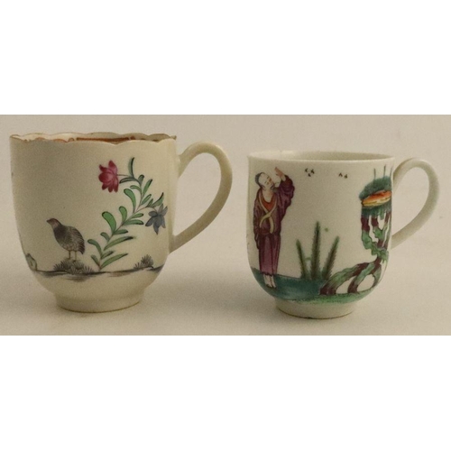 630 - A Worcester coffee cup, decorated with coloured birds on a rock, together with a coffee cup decorate... 