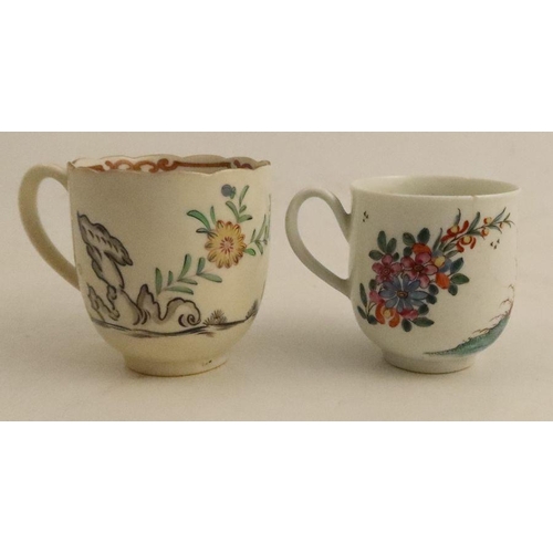 630 - A Worcester coffee cup, decorated with coloured birds on a rock, together with a coffee cup decorate... 