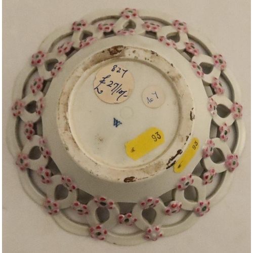 677 - A Worcester scale blue dessert basket, decorated with flowers, capital W mark, diameter 7ins