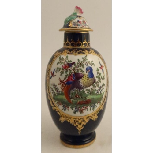 678 - A Worcester wet blue covered tea caddy, decorated with exotic birds, script W mark, height 6.25ins -... 