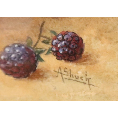 690 - A Shuck, watercolour, still of fruit to a mossy background, 4.25ins x 5.75ins