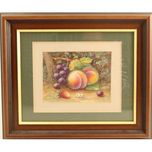 691 - A Shuck, watercolour, still of fruit to a mossy background, 4.25ins x 5.75ins