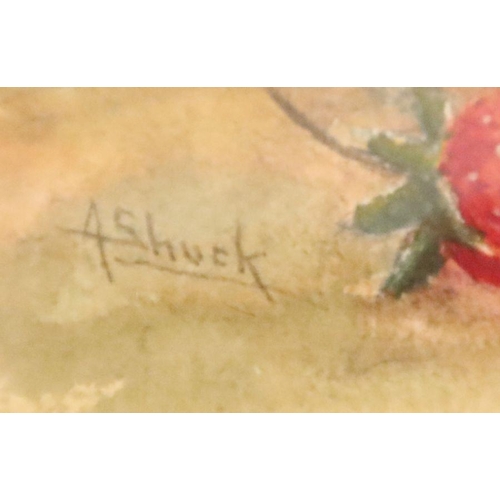 691 - A Shuck, watercolour, still of fruit to a mossy background, 4.25ins x 5.75ins