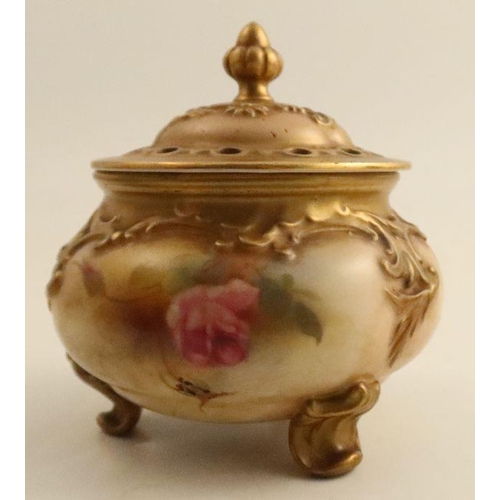 705 - A Royal Worcester covered pot pourri, the moulded body decorated with roses, shape number H183, af, ... 