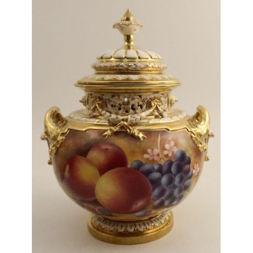 716 - A Royal Worcester covered Bow piece, decorated all around with fruit to a mossy background by J Bowm... 