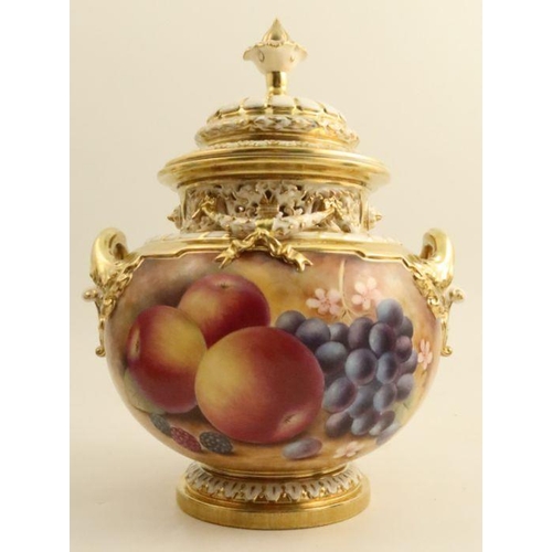 716 - A Royal Worcester covered Bow piece, decorated all around with fruit to a mossy background by J Bowm... 