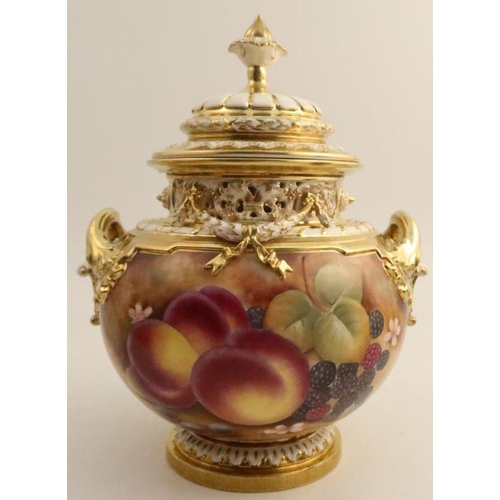 716 - A Royal Worcester covered Bow piece, decorated all around with fruit to a mossy background by J Bowm... 