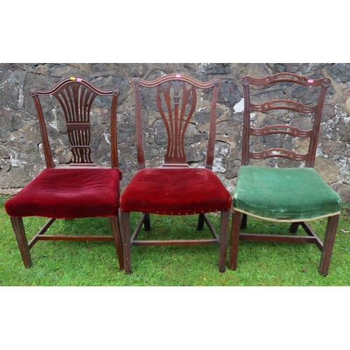 79 - A collection of six dining chairs, to include three 19th century mahogany chairs with pierced backs ... 