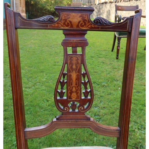 82 - A 19th century mahogany bar back chair, together with a mahogany salon chair with carved and inlaid ... 