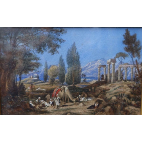 111 - J Dodd, watercolour, Byrons Dream, Continental landscape with figures, camels and ruins, inscribed ... 