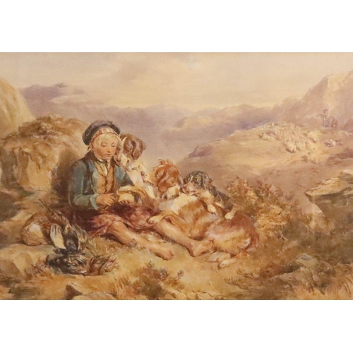 113 - F Tayler, watercolour, shepherd boy with dogs in a mountainous landscape with sheep beyond, 13.5ins ... 