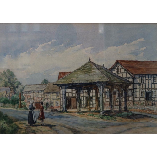 123 - Mary Baker, watercolour and charcoal, village scene, 12ins x 17ins, together with two other watercol... 