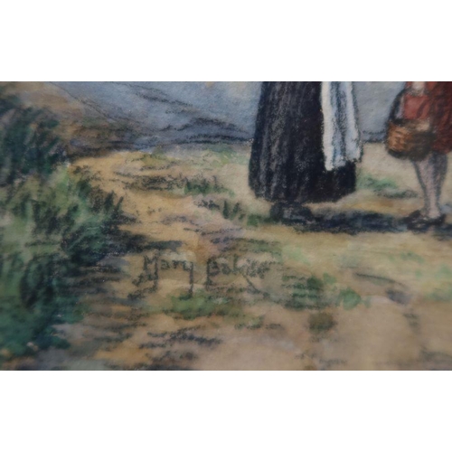 123 - Mary Baker, watercolour and charcoal, village scene, 12ins x 17ins, together with two other watercol... 