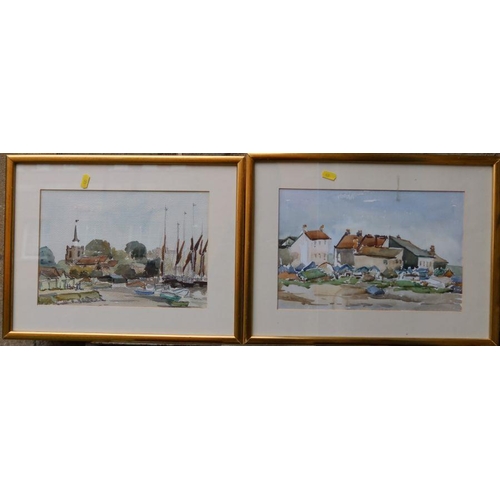 123 - Mary Baker, watercolour and charcoal, village scene, 12ins x 17ins, together with two other watercol... 