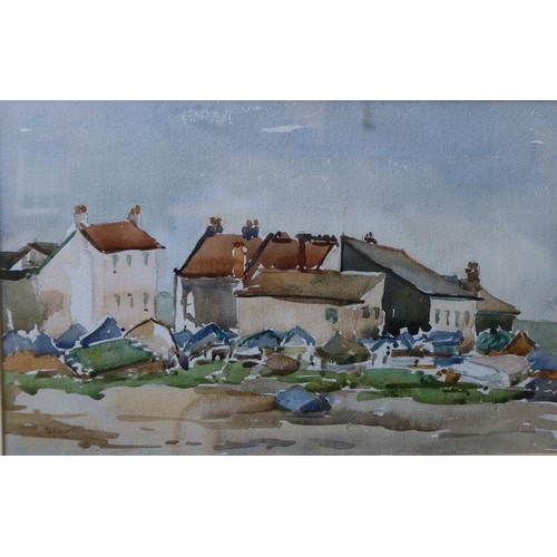 123 - Mary Baker, watercolour and charcoal, village scene, 12ins x 17ins, together with two other watercol... 