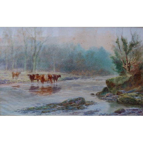 125 - S Linden, two watercolours, cattle in a river, 9.5ins x 15ins, together with Herenger Benger, waterc... 