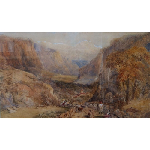 127 - Henry Gastineau, watercolour, continental landscape with figures and goats, 12.5ins x 22ins