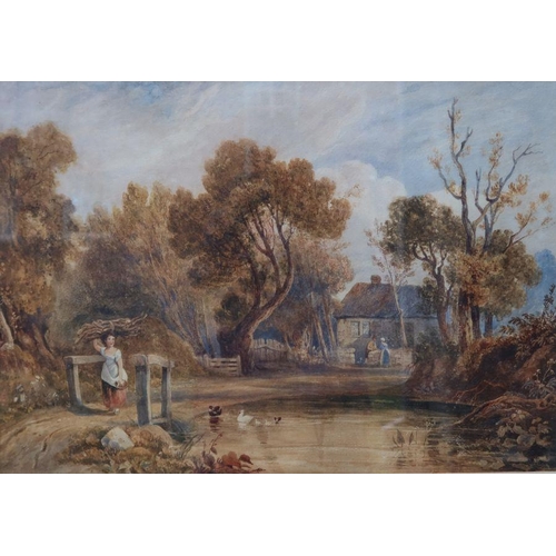 128 - Williams Collins, watercolour, rural scene with figures and ducks, 13ins x 19ins