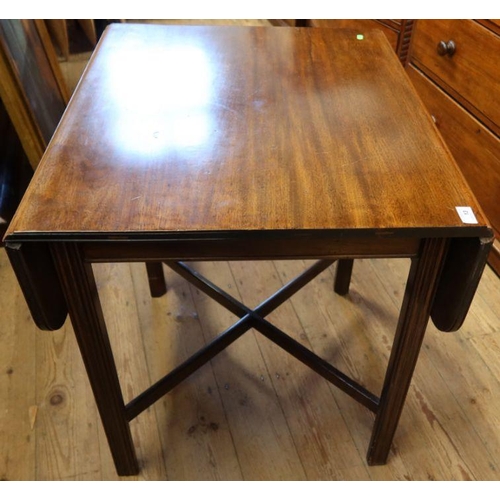 13 - A mahogany drop flap table, on square fluted legs united by a X stretcher, 43ins x 30ins, height 30i... 