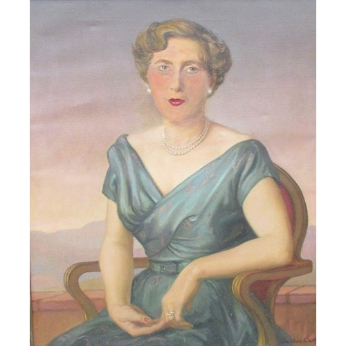 140 - Waldron West, oil on canvas, portrait of a seated woman wearing a green dress, 29.5ins x 25ins