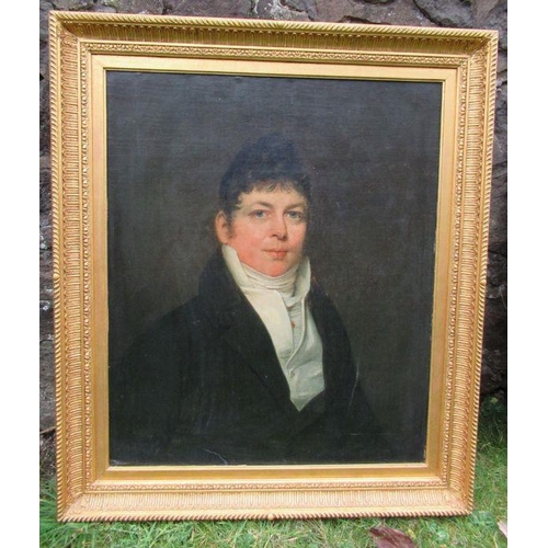 141 - An English School, oil on canvas, portrait of a gentleman wearing a white cravat and black jacket, 3... 